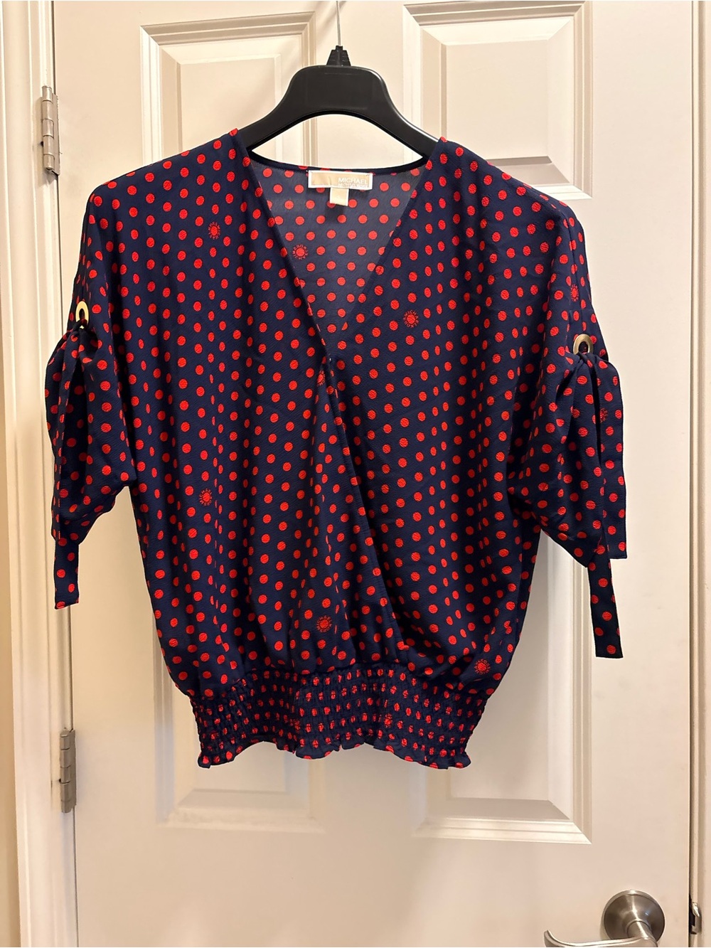 Michael Kors Navy Blouse with Red Dot Print and Grommet Tie Sleeves